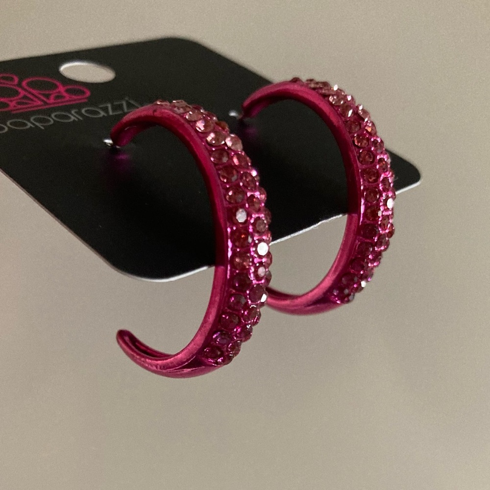 NEW Paparazzi Pink Rhinestone Hoops - Picture 5 of 14
